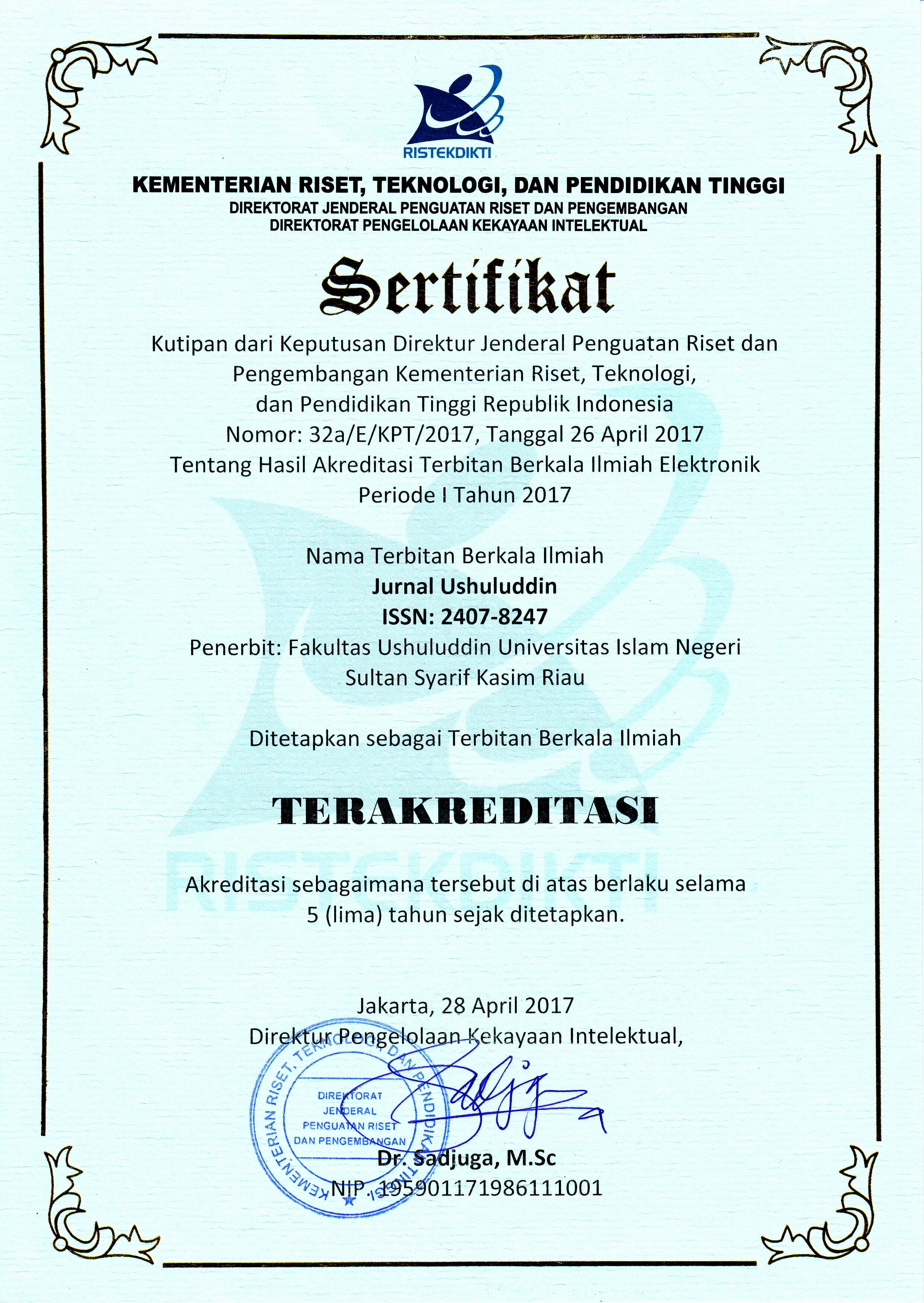 Sertifikat Akreditasi Junal Ushuluddin 2017-2022